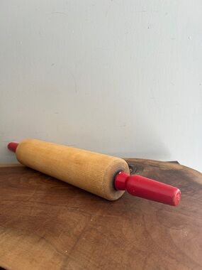 Vintage farmhouse Wooden Rolling Pin with Red Handles
